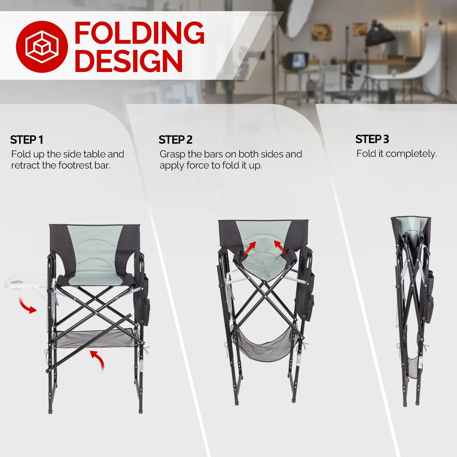 OmySalon 30in Portable Folding Director Chair with Side Table & Side Storage Bag - Assembly Required - Image 4