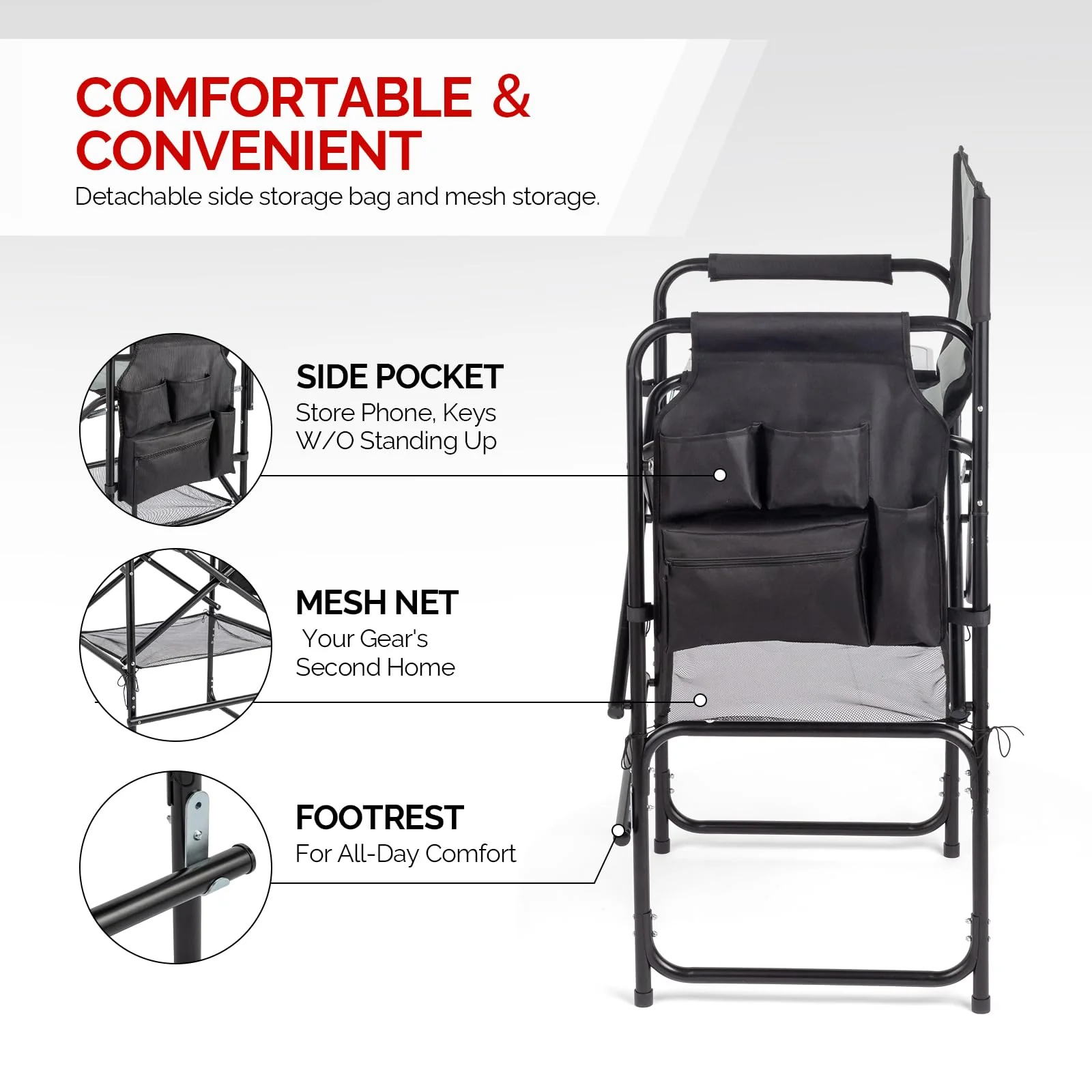 OmySalon 30in Portable Folding Director Chair with Side Table & Side Storage Bag - Assembly Required - Image 6