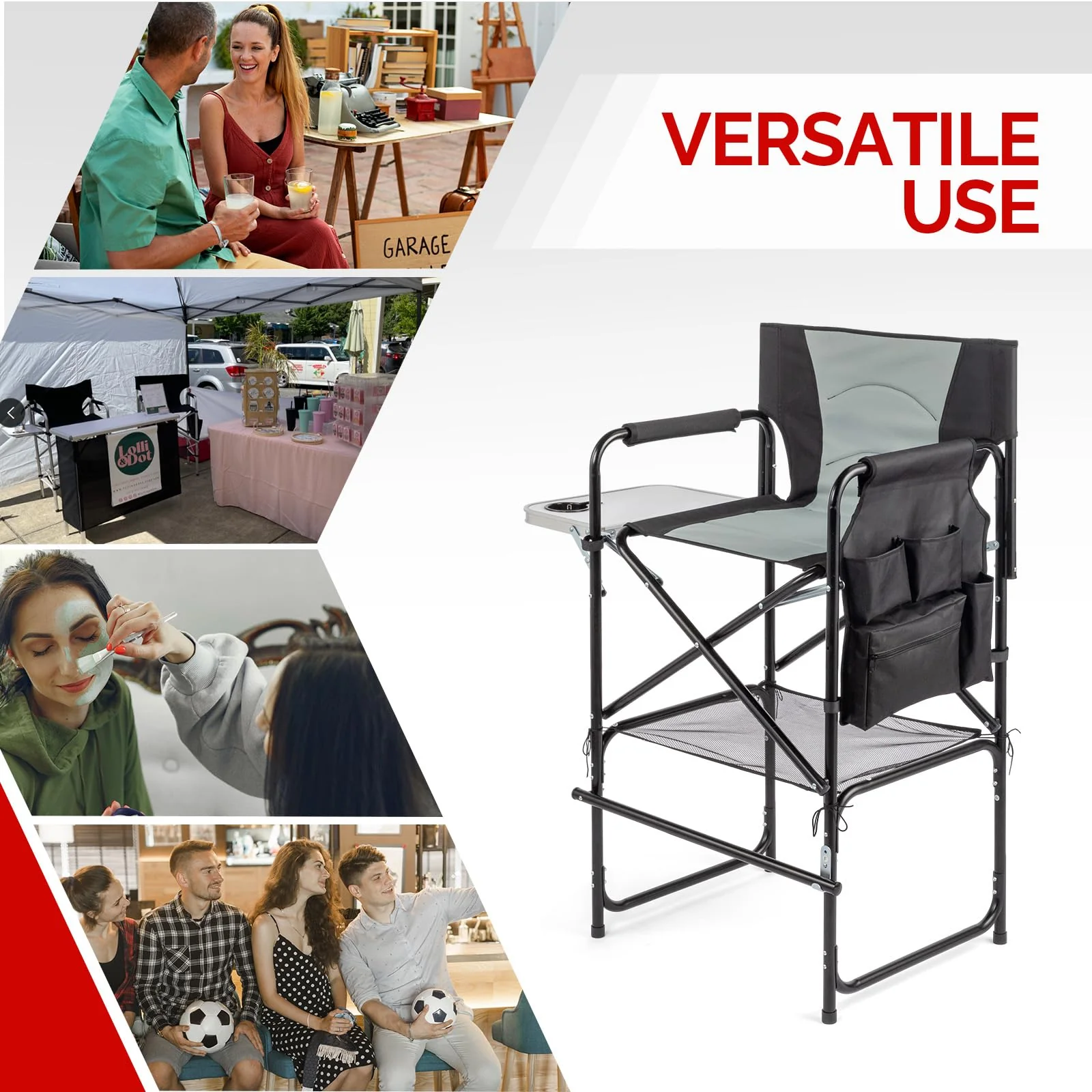 OmySalon 30in Portable Folding Director Chair with Side Table & Side Storage Bag - Assembly Required - Image 7