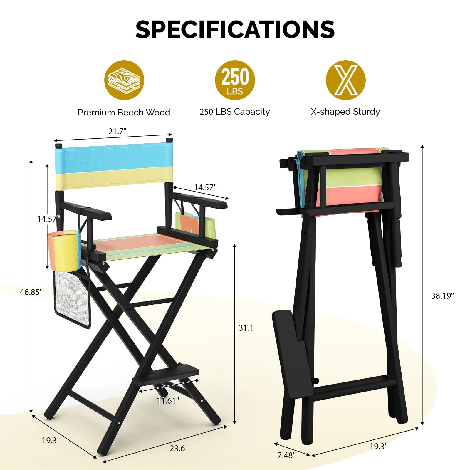 OmySalon 31in Wooden Portable Director Chair Folding Makeup Chair with Storage Pouch - Image 10