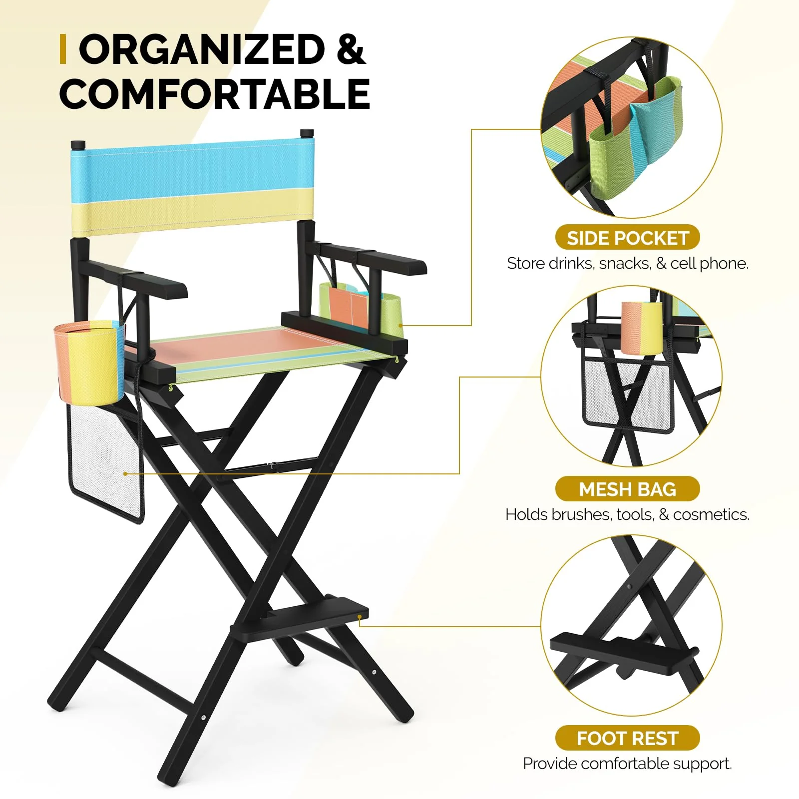 OmySalon 31in Wooden Portable Director Chair Folding Makeup Chair with Storage Pouch - Image 12