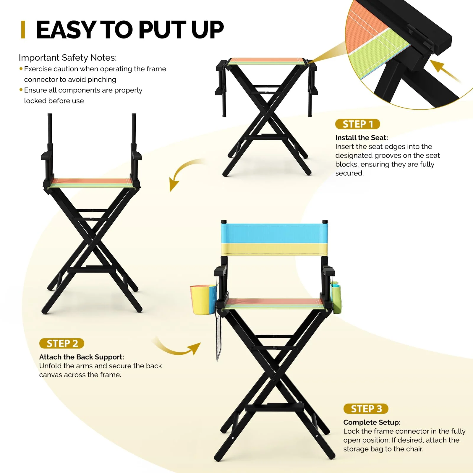 OmySalon 31in Wooden Portable Director Chair Folding Makeup Chair with Storage Pouch - Image 13