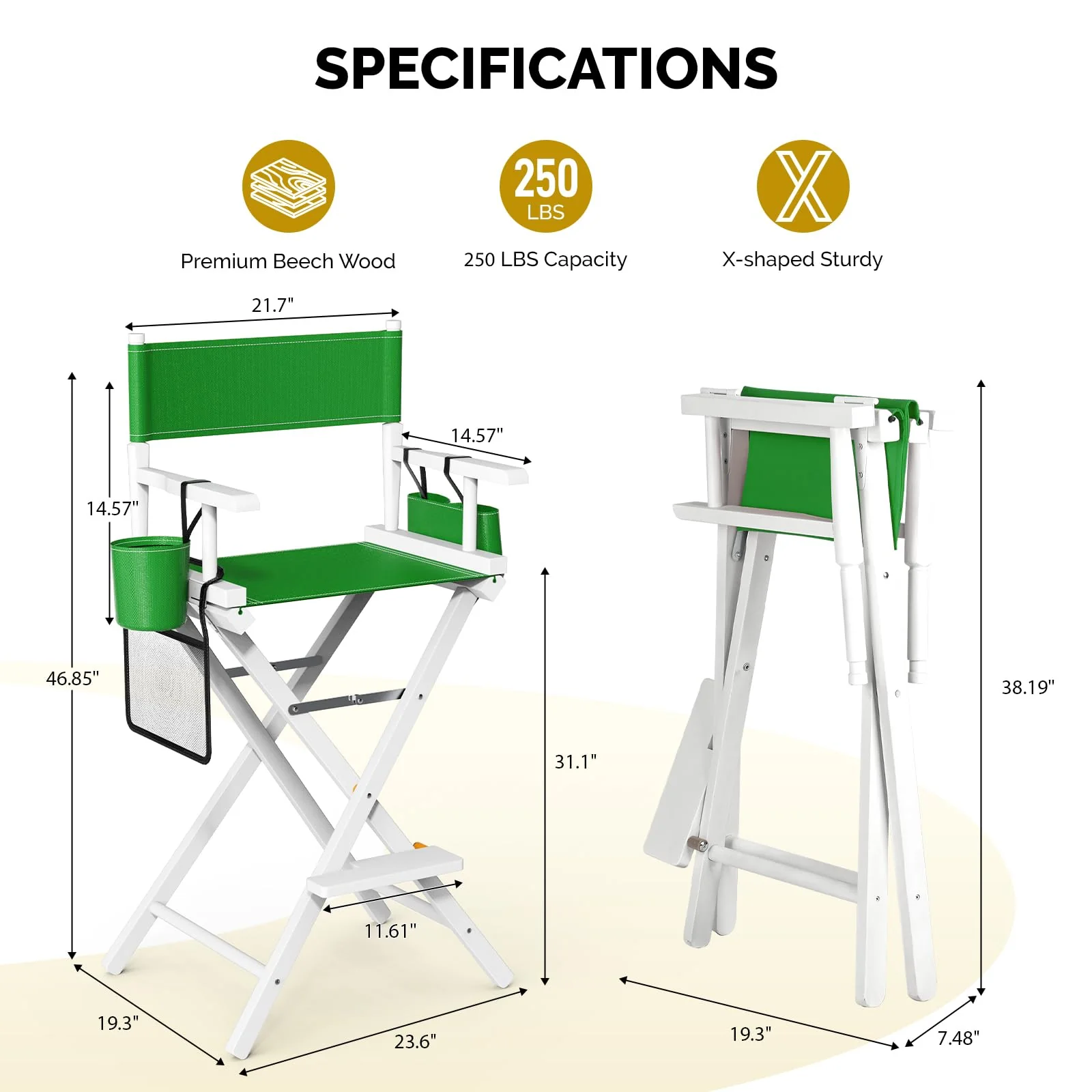 OmySalon 31in Wooden Portable Director Chair Folding Makeup Chair with Storage Pouch - Image 17