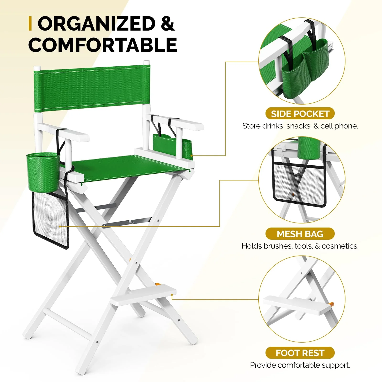 OmySalon 31in Wooden Portable Director Chair Folding Makeup Chair with Storage Pouch - Image 19