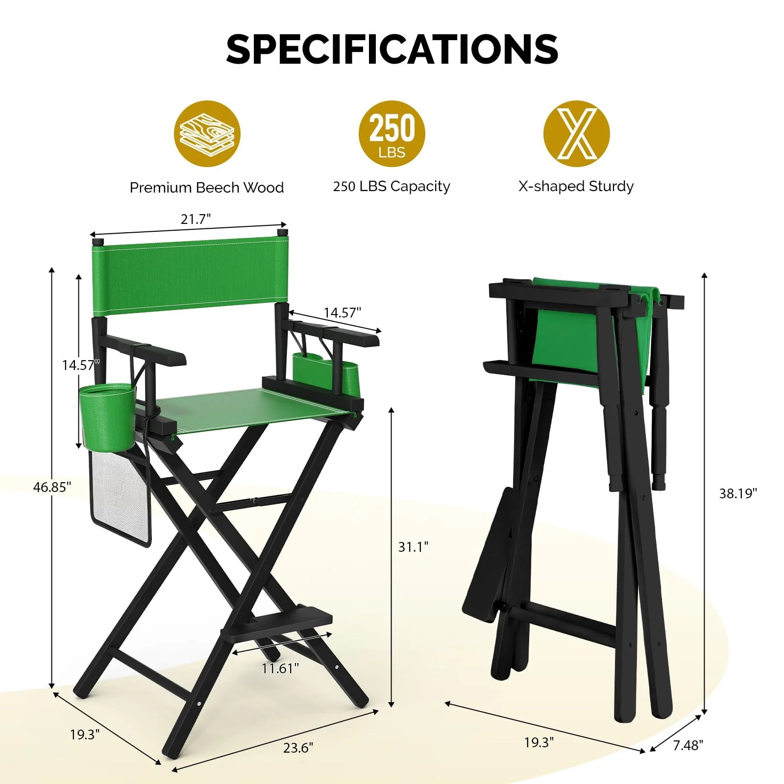 OmySalon 31in Wooden Portable Director Chair Folding Makeup Chair with Storage Pouch - Image 24