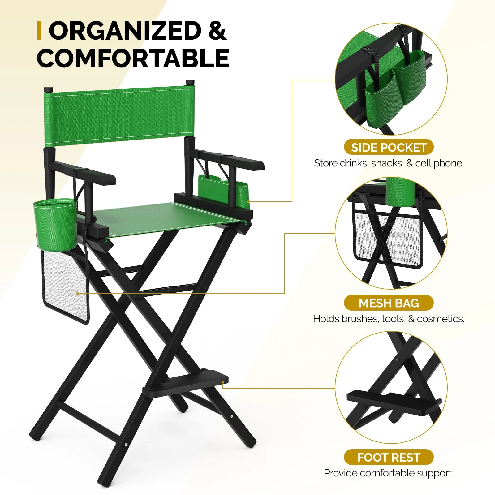 OmySalon 31in Wooden Portable Director Chair Folding Makeup Chair with Storage Pouch - Image 26