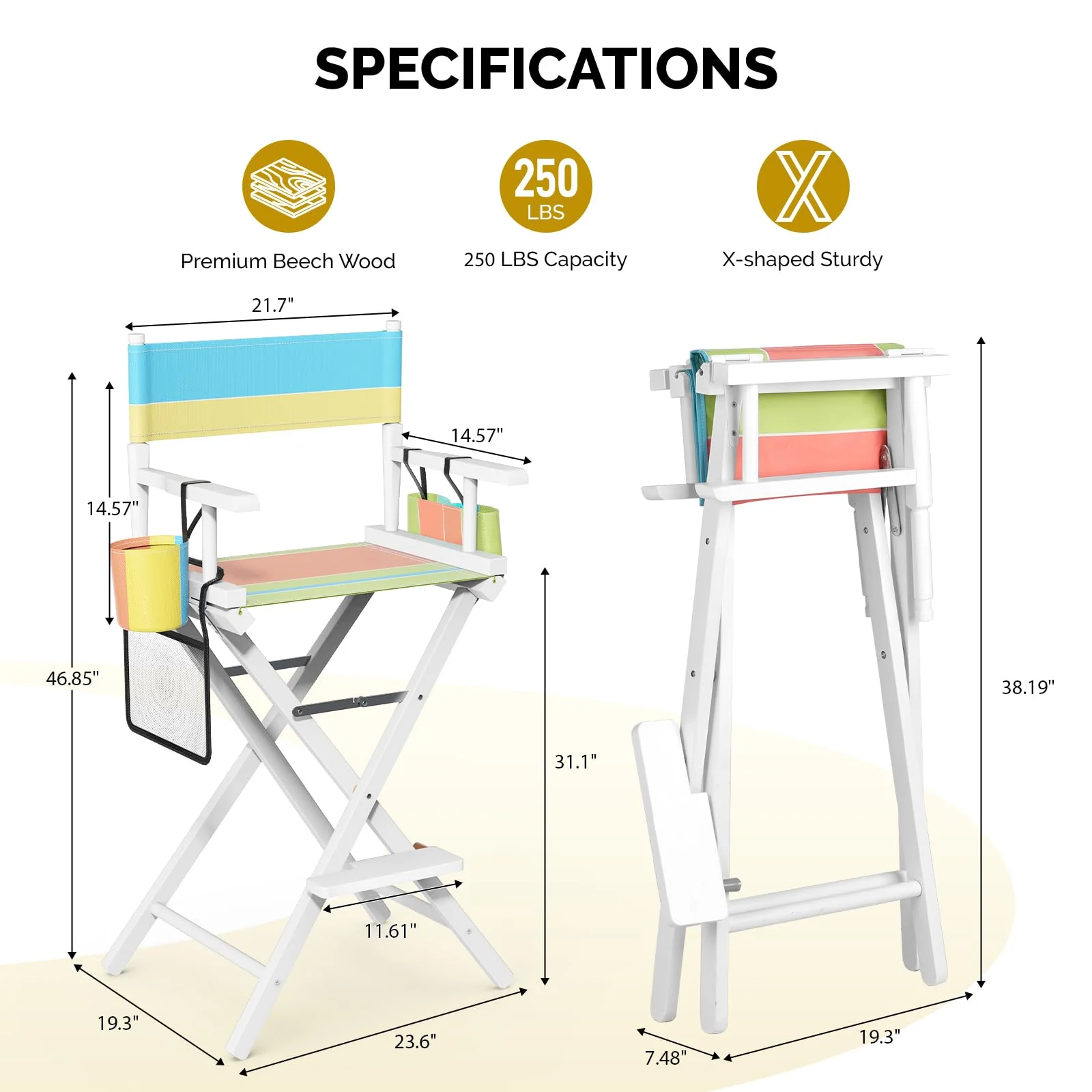 OmySalon 31in Wooden Portable Director Chair Folding Makeup Chair with Storage Pouch - Image 3