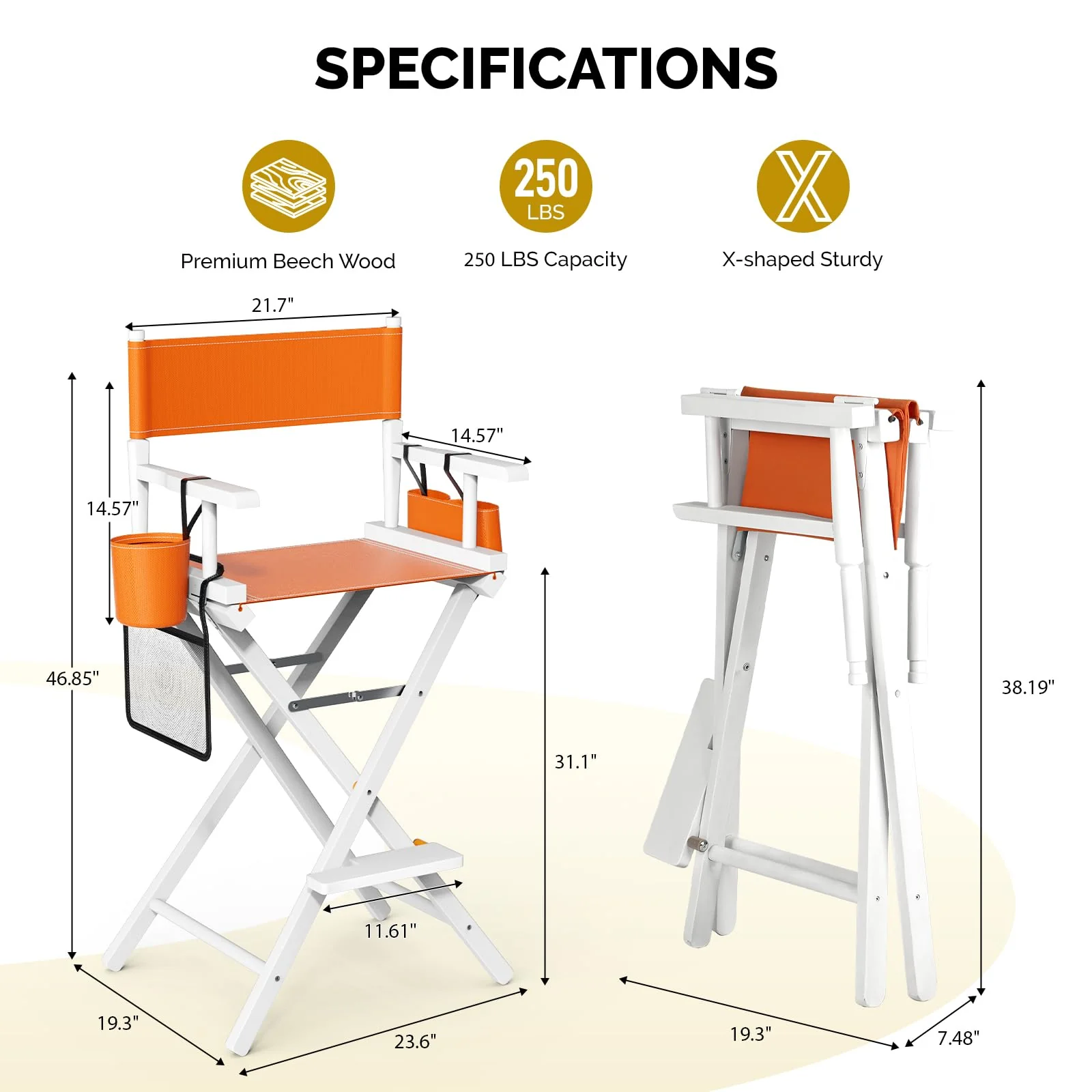 OmySalon 31in Wooden Portable Director Chair Folding Makeup Chair with Storage Pouch - Image 31