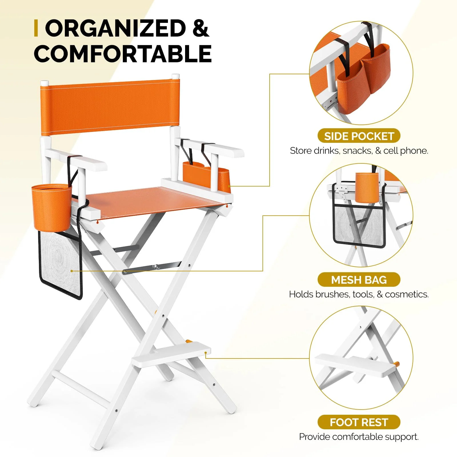 OmySalon 31in Wooden Portable Director Chair Folding Makeup Chair with Storage Pouch - Image 33