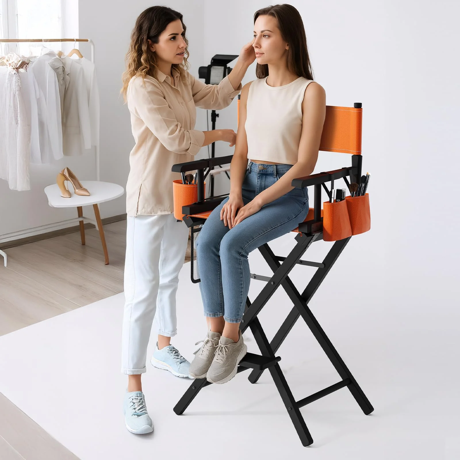 OmySalon 31in Wooden Portable Director Chair Folding Makeup Chair with Storage Pouch - Image 37