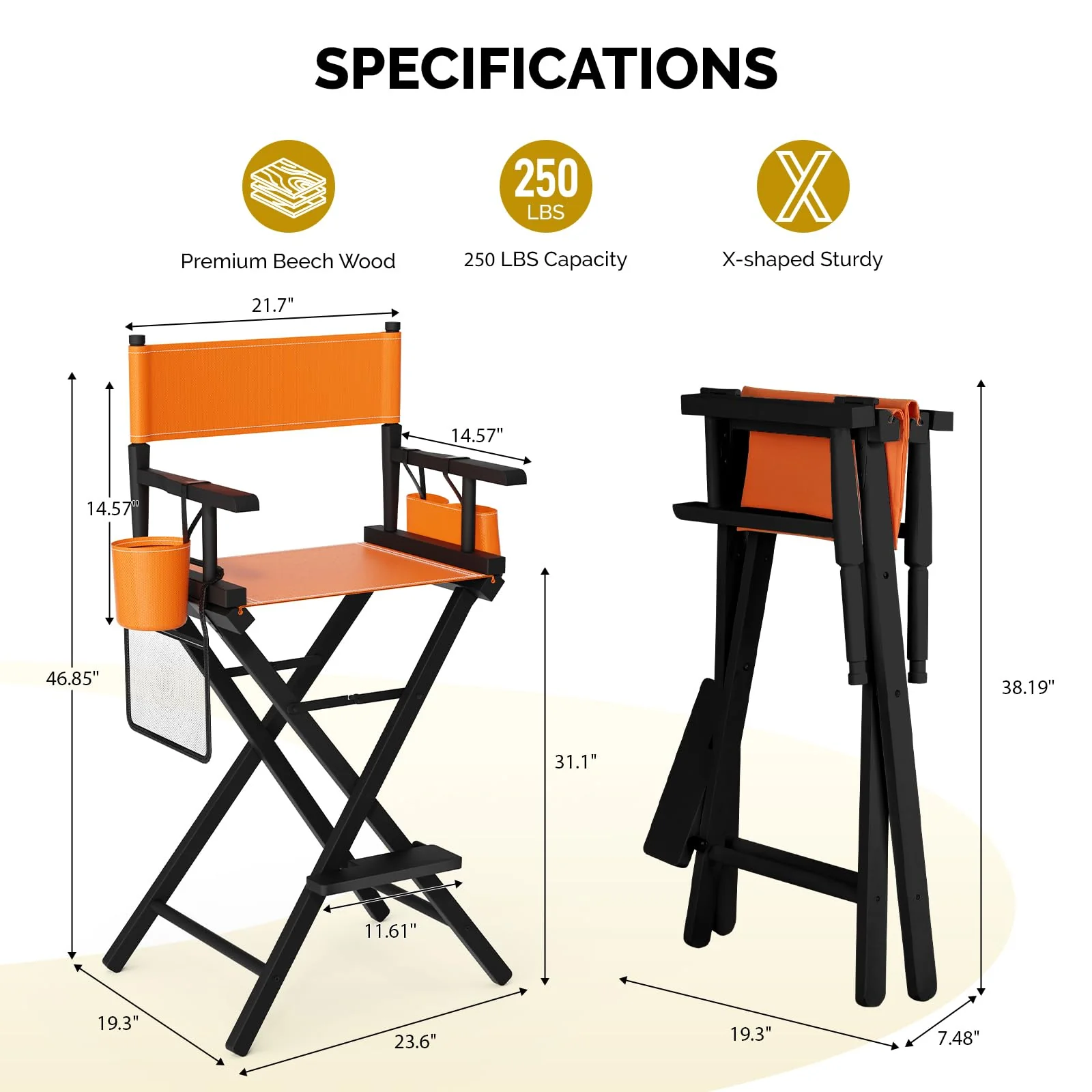 OmySalon 31in Wooden Portable Director Chair Folding Makeup Chair with Storage Pouch - Image 38