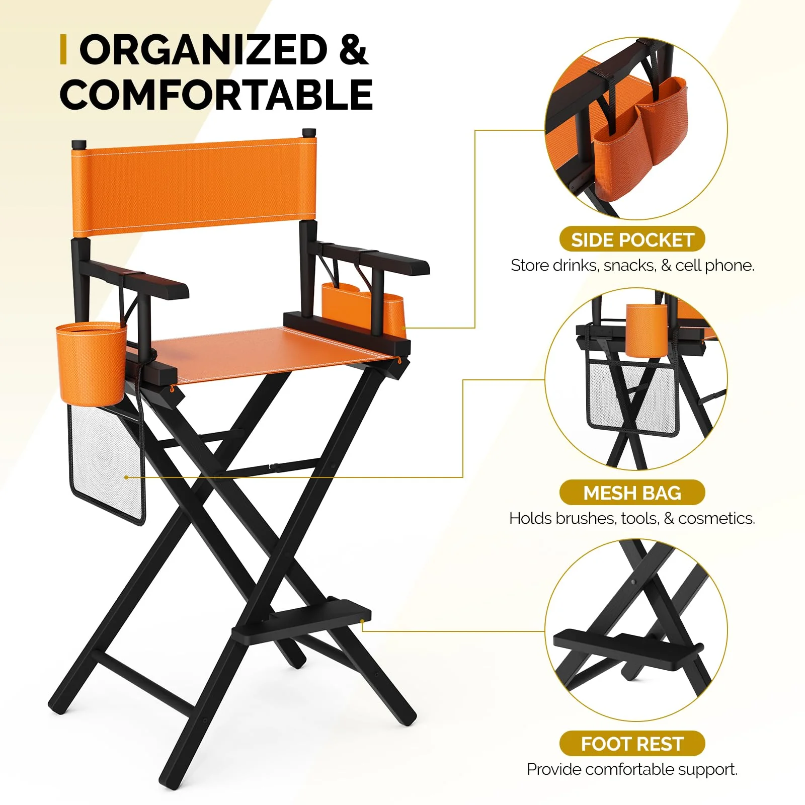 OmySalon 31in Wooden Portable Director Chair Folding Makeup Chair with Storage Pouch - Image 40