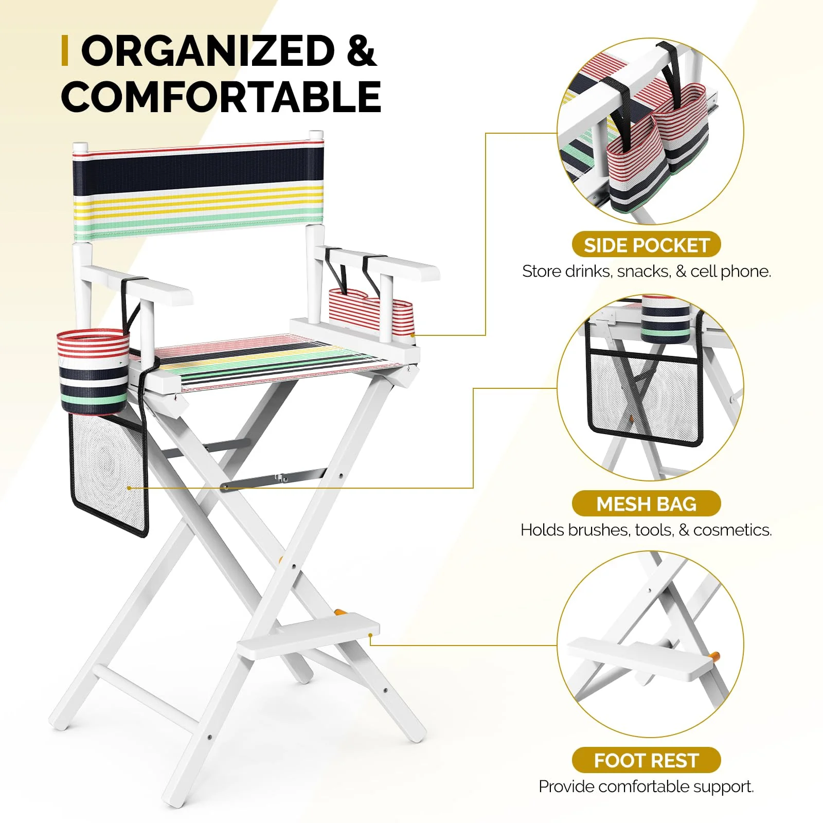 OmySalon 31in Wooden Portable Director Chair Folding Makeup Chair with Storage Pouch - Image 47