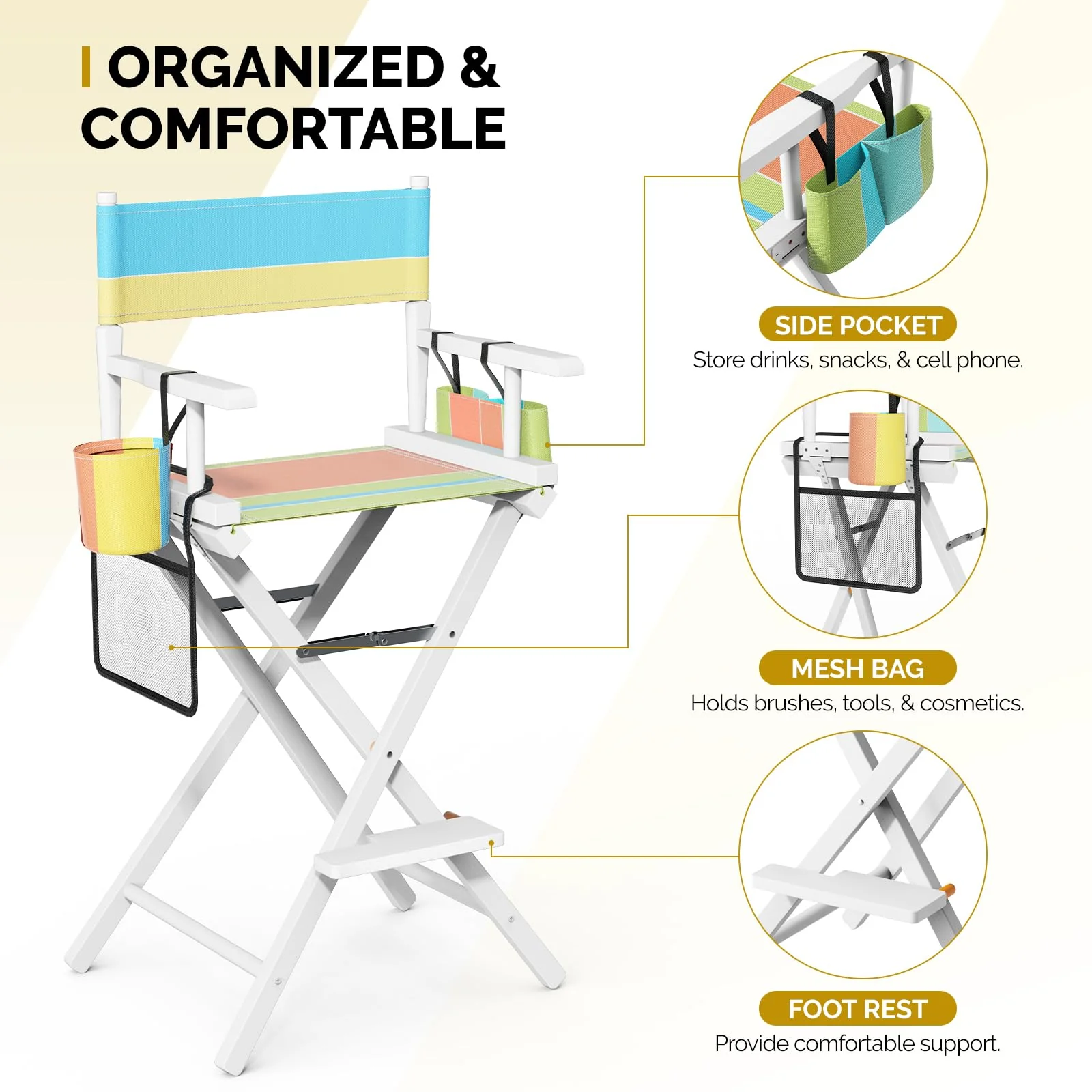 OmySalon 31in Wooden Portable Director Chair Folding Makeup Chair with Storage Pouch - Image 5