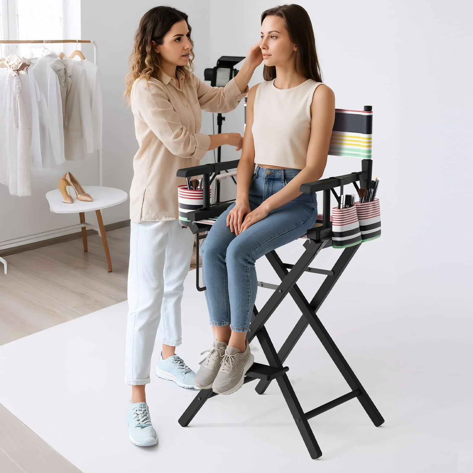 OmySalon 31in Wooden Portable Director Chair Folding Makeup Chair with Storage Pouch - Image 51