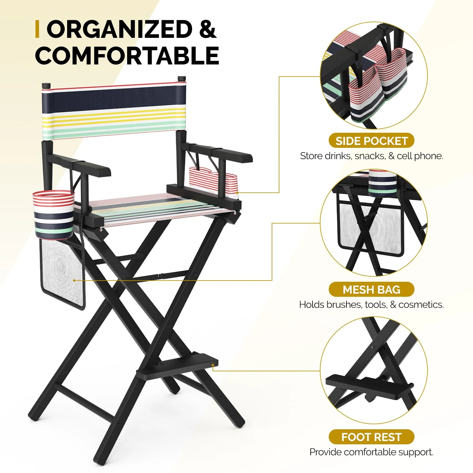 OmySalon 31in Wooden Portable Director Chair Folding Makeup Chair with Storage Pouch - Image 54