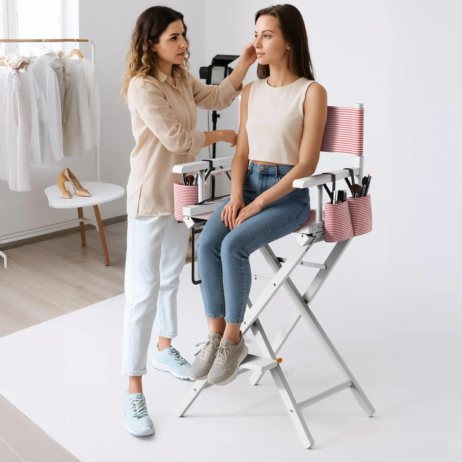 OmySalon 31in Wooden Portable Director Chair Folding Makeup Chair with Storage Pouch - Image 58