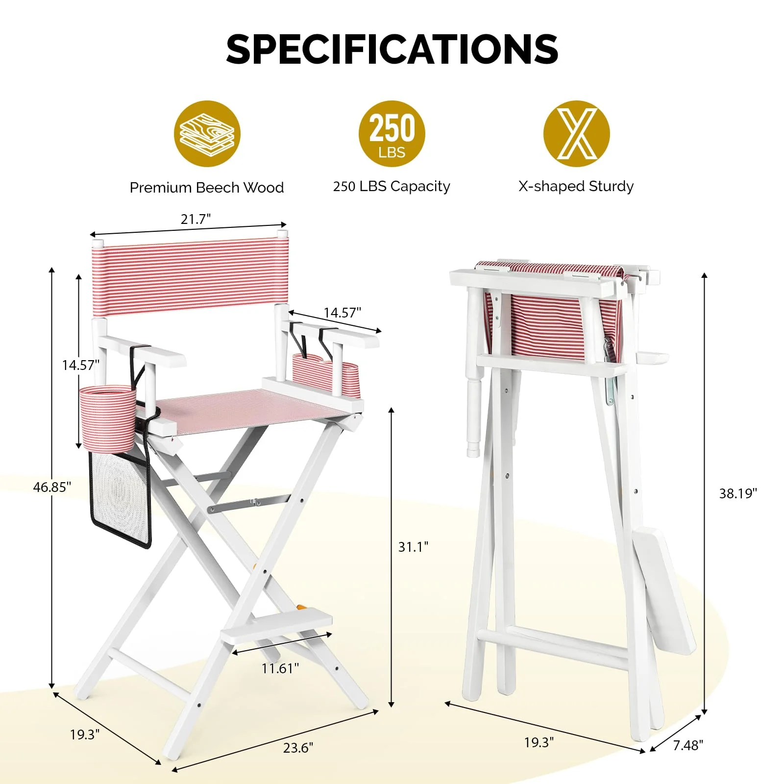 OmySalon 31in Wooden Portable Director Chair Folding Makeup Chair with Storage Pouch - Image 59