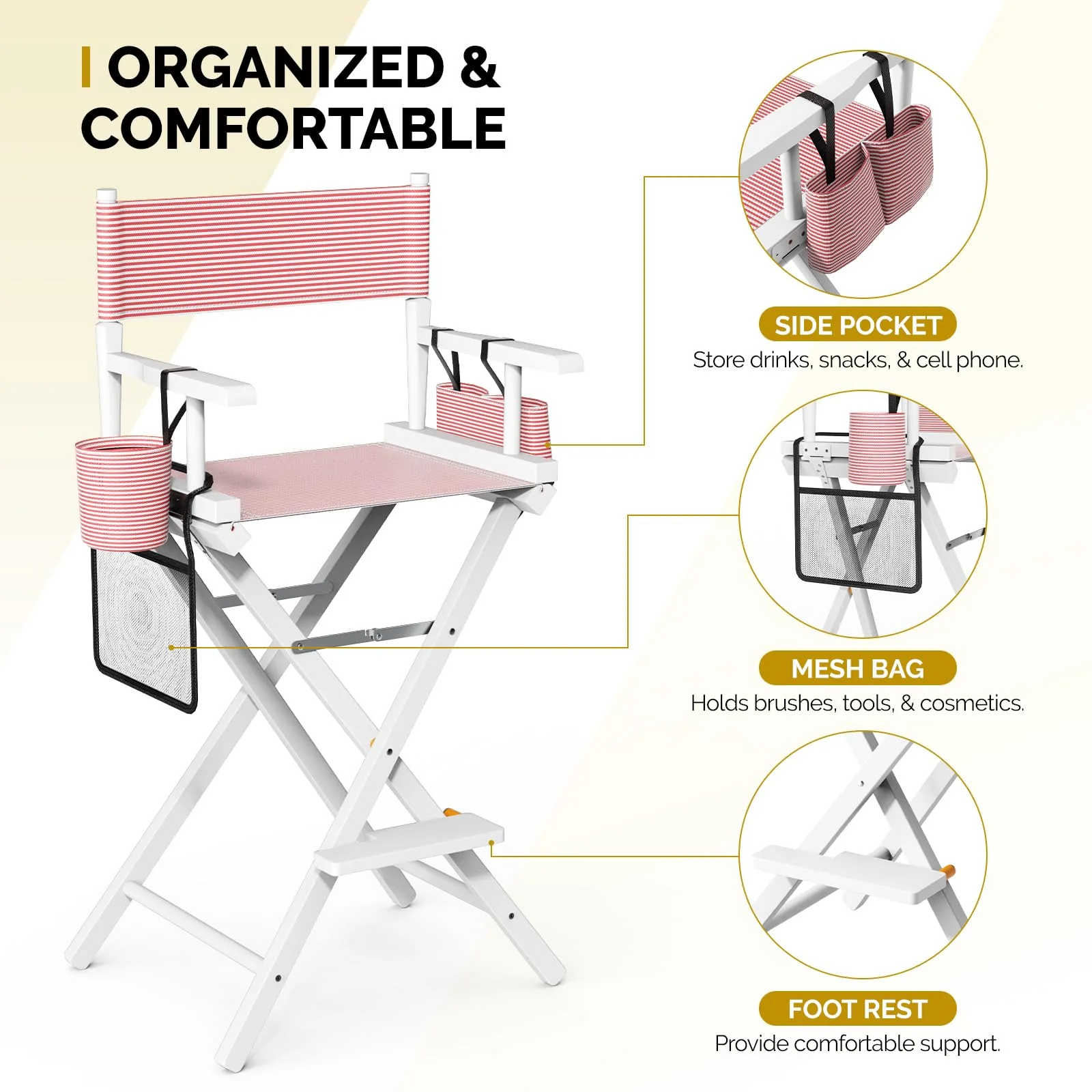 OmySalon 31in Wooden Portable Director Chair Folding Makeup Chair with Storage Pouch - Image 61
