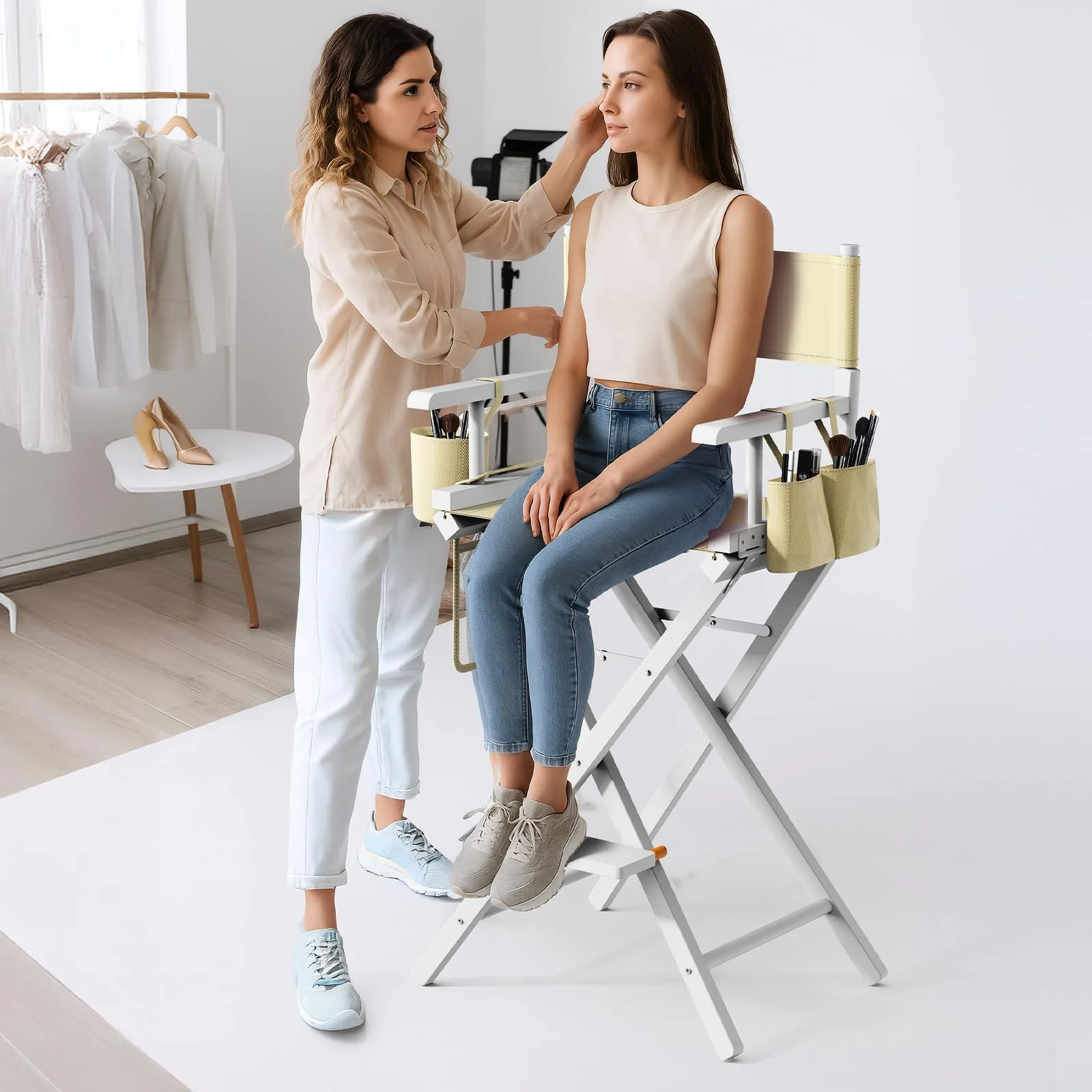 OmySalon 31in Wooden Portable Director Chair Folding Makeup Chair with Storage Pouch - Image 65