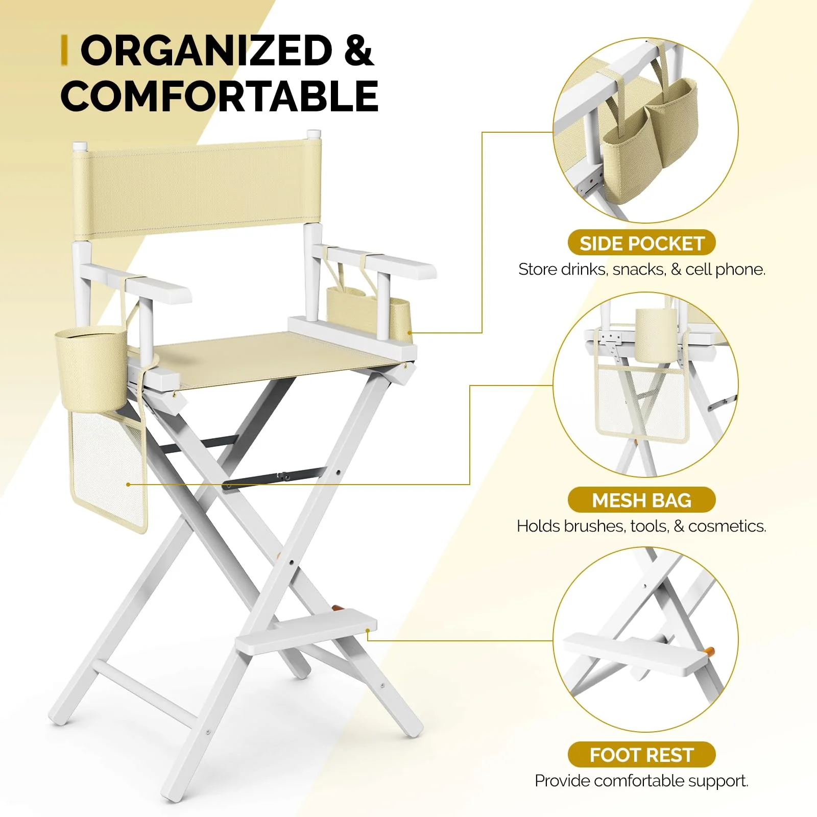 OmySalon 31in Wooden Portable Director Chair Folding Makeup Chair with Storage Pouch - Image 68
