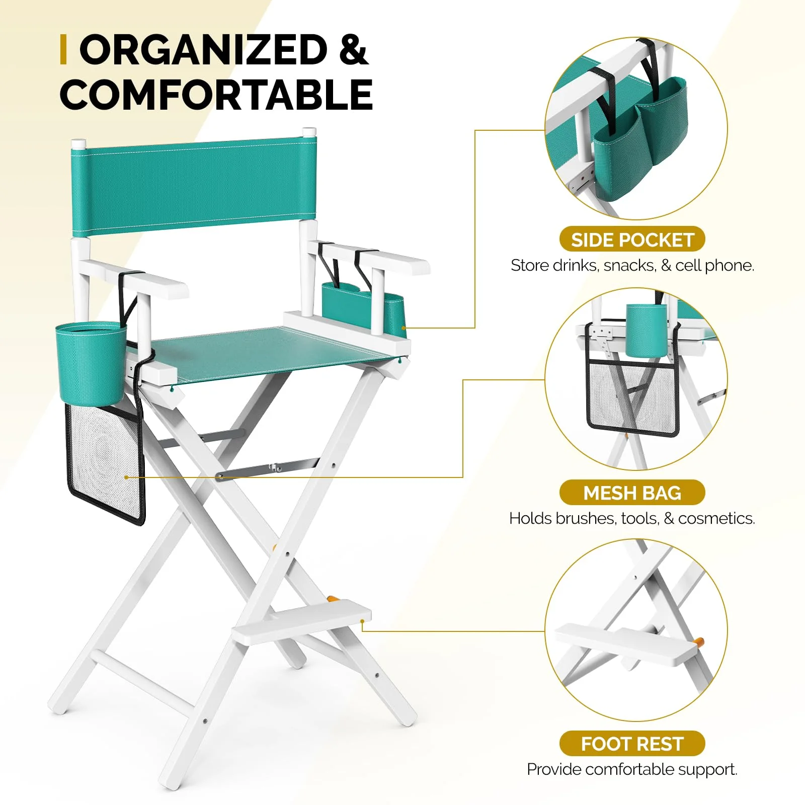 OmySalon 31in Wooden Portable Director Chair Folding Makeup Chair with Storage Pouch - Image 76
