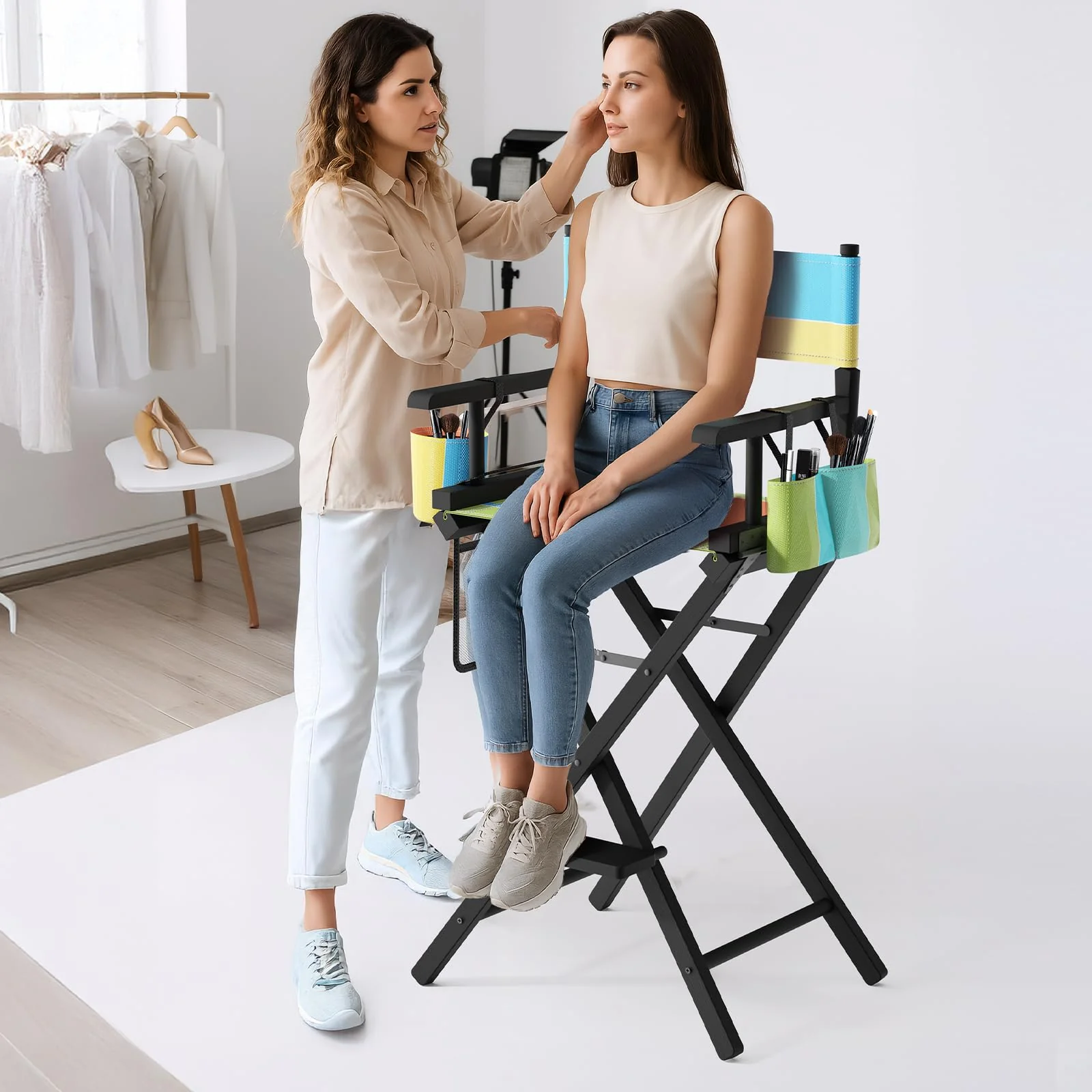 OmySalon 31in Wooden Portable Director Chair Folding Makeup Chair with Storage Pouch - Image 9