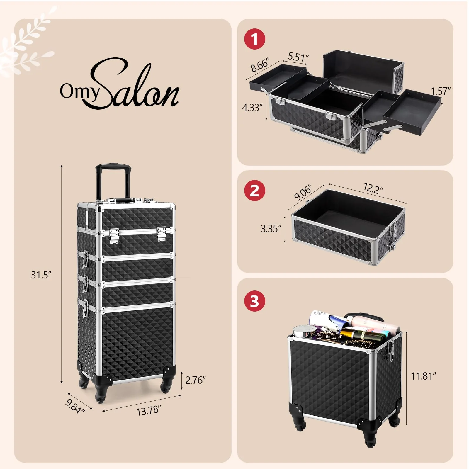 OmySalon 4-in-1 Aluminum Lockable Rolling Makeup Train Case - Image 12