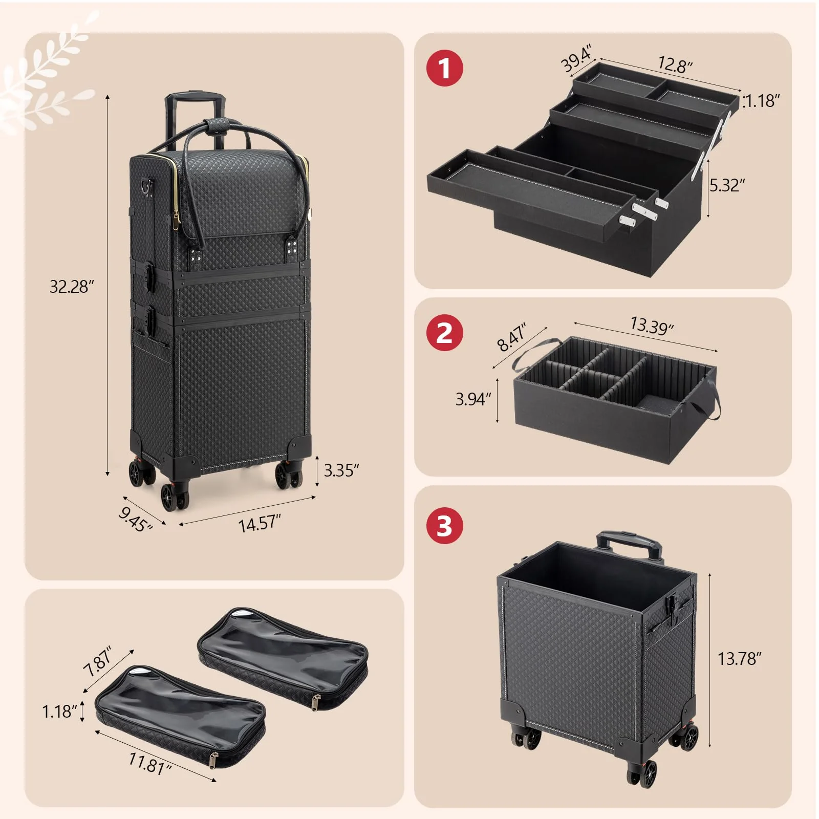 OmySalon 4-in-1 Portable Lockable Rolling Makeup Train Case with 4 Top Trays & 1 Deep Drawer - Image 3