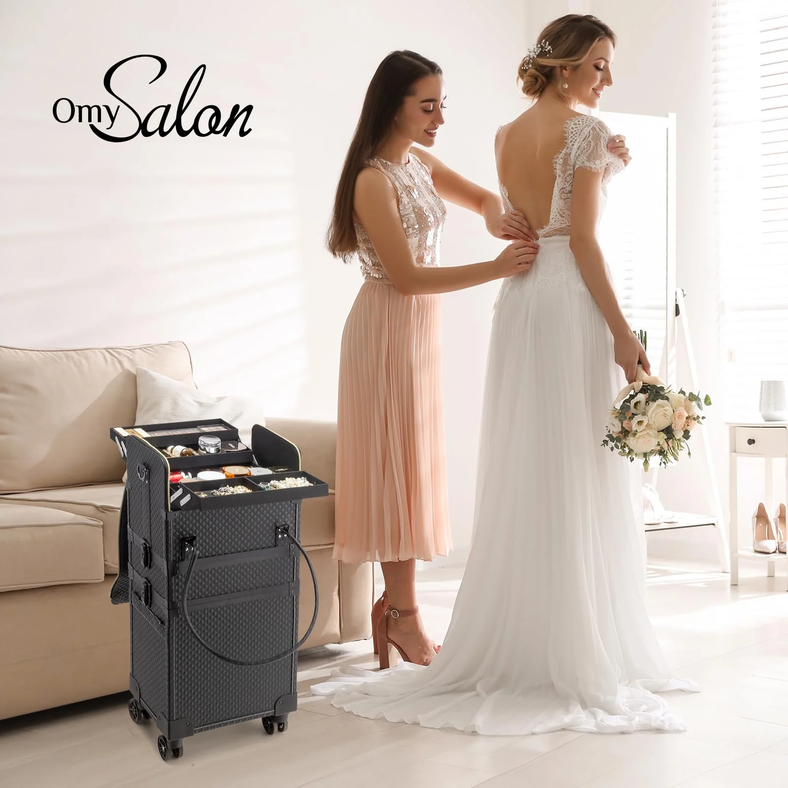 OmySalon 4-in-1 Portable Lockable Rolling Makeup Train Case with 4 Top Trays & 1 Deep Drawer - Image 8
