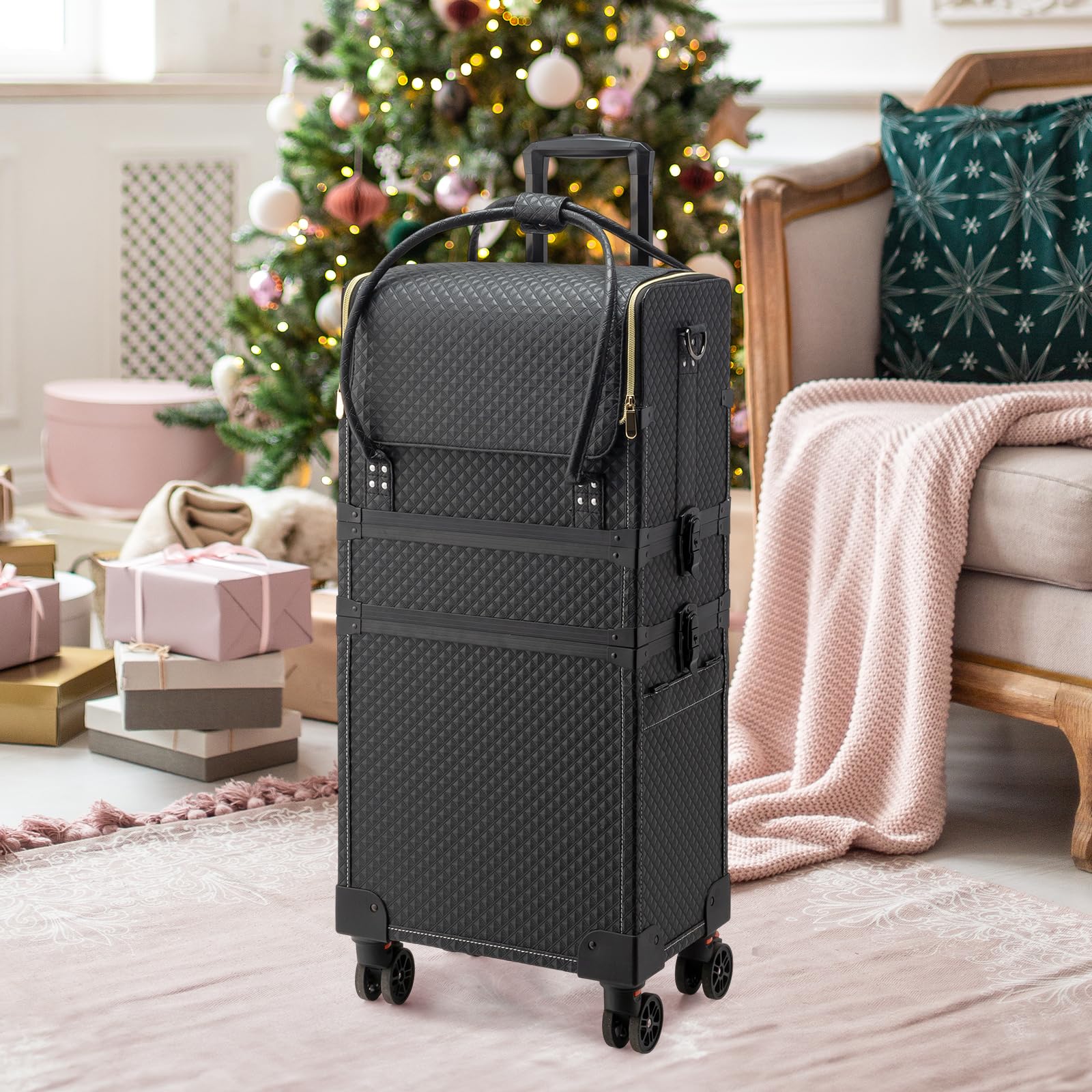 OmySalon 4-in-1 Portable Lockable Rolling Makeup Train Case with 4 Top Trays & 1 Deep Drawer - Image 9