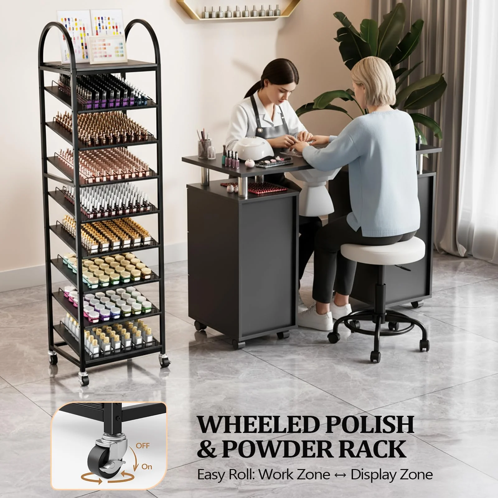 OmySalon 8-Tier Rolling Nail Polish & Powder Display Organizer Rack with Wheels - Image 11