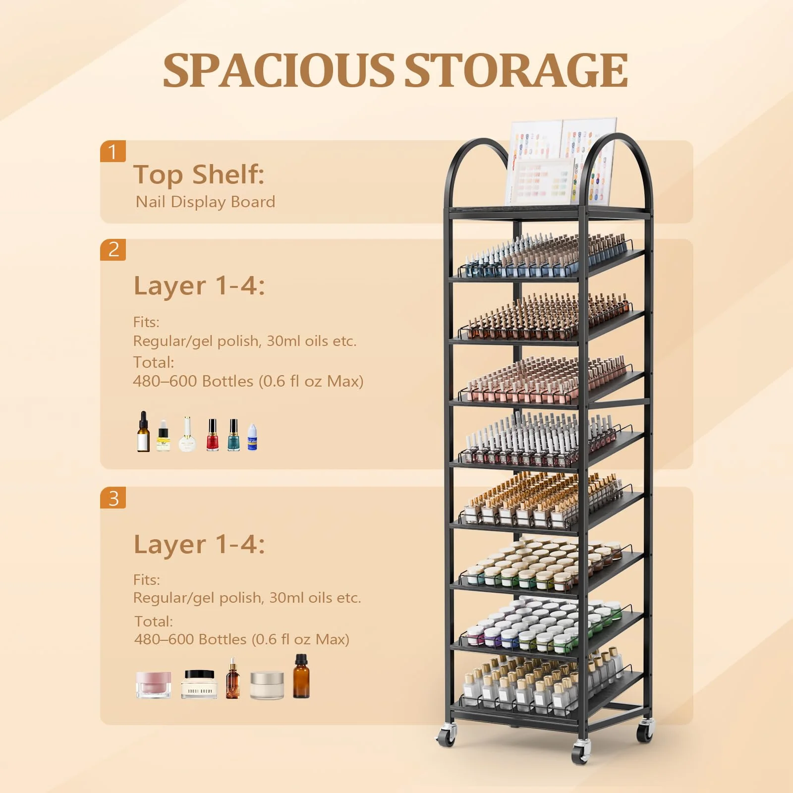 OmySalon 8-Tier Rolling Nail Polish & Powder Display Organizer Rack with Wheels - Image 12