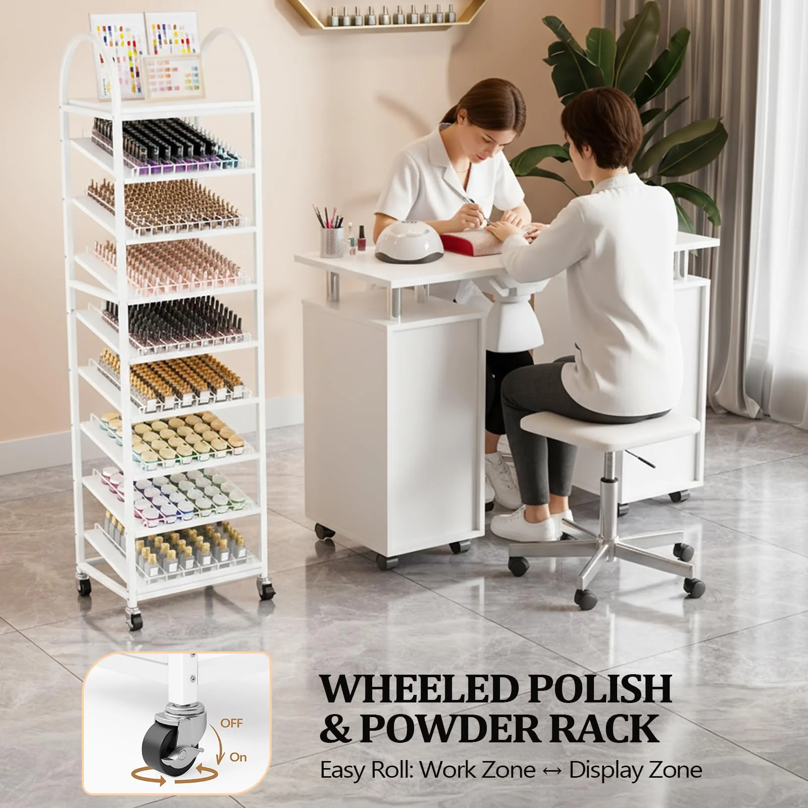 OmySalon 8-Tier Rolling Nail Polish & Powder Display Organizer Rack with Wheels - Image 4