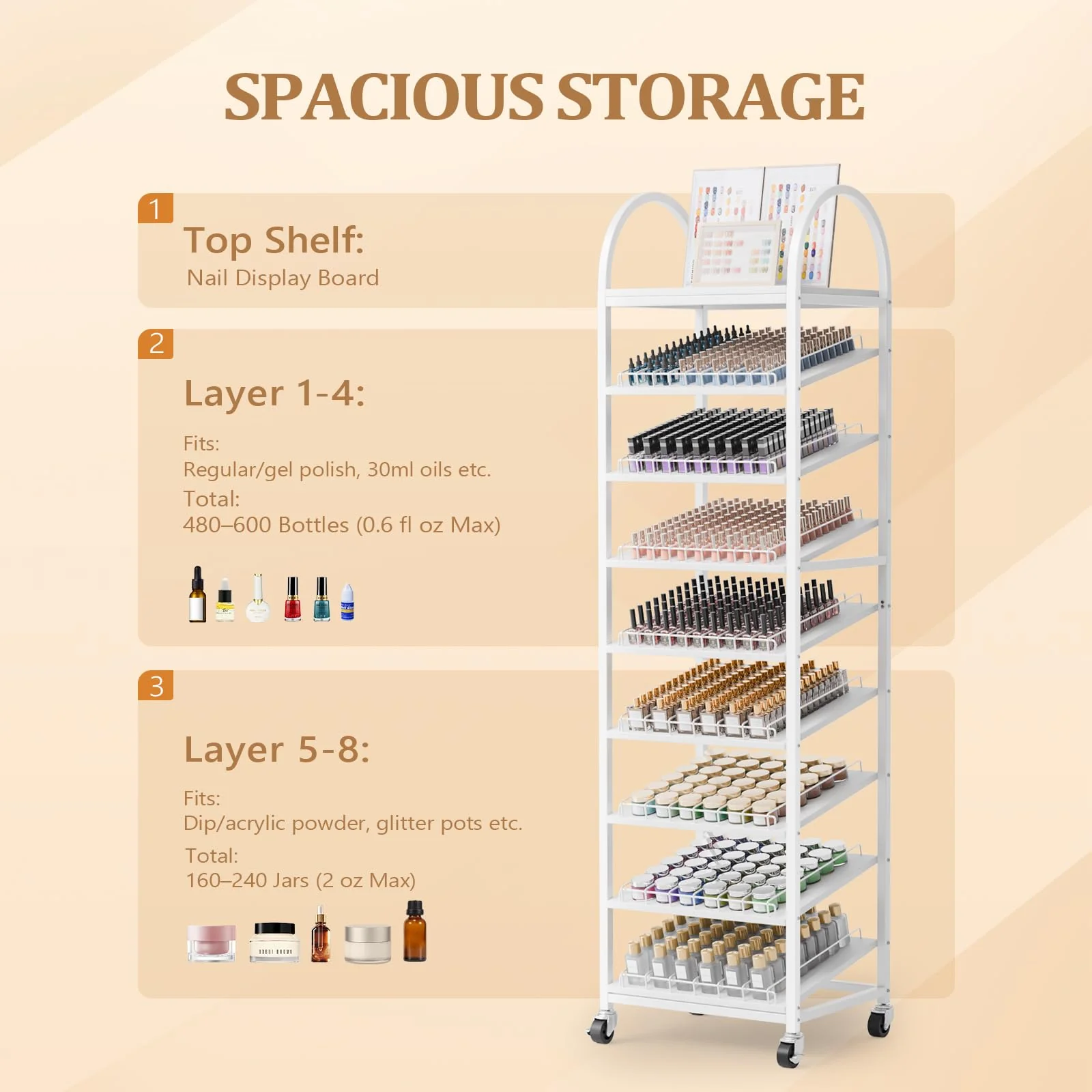OmySalon 8-Tier Rolling Nail Polish & Powder Display Organizer Rack with Wheels - Image 5