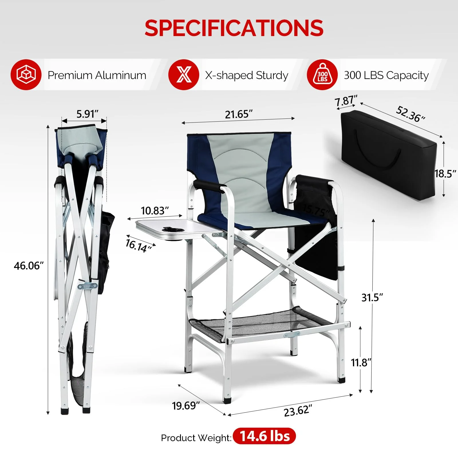Omysalon 30in Portable Folding Director Chair with Collapsible Side Table - Image 3