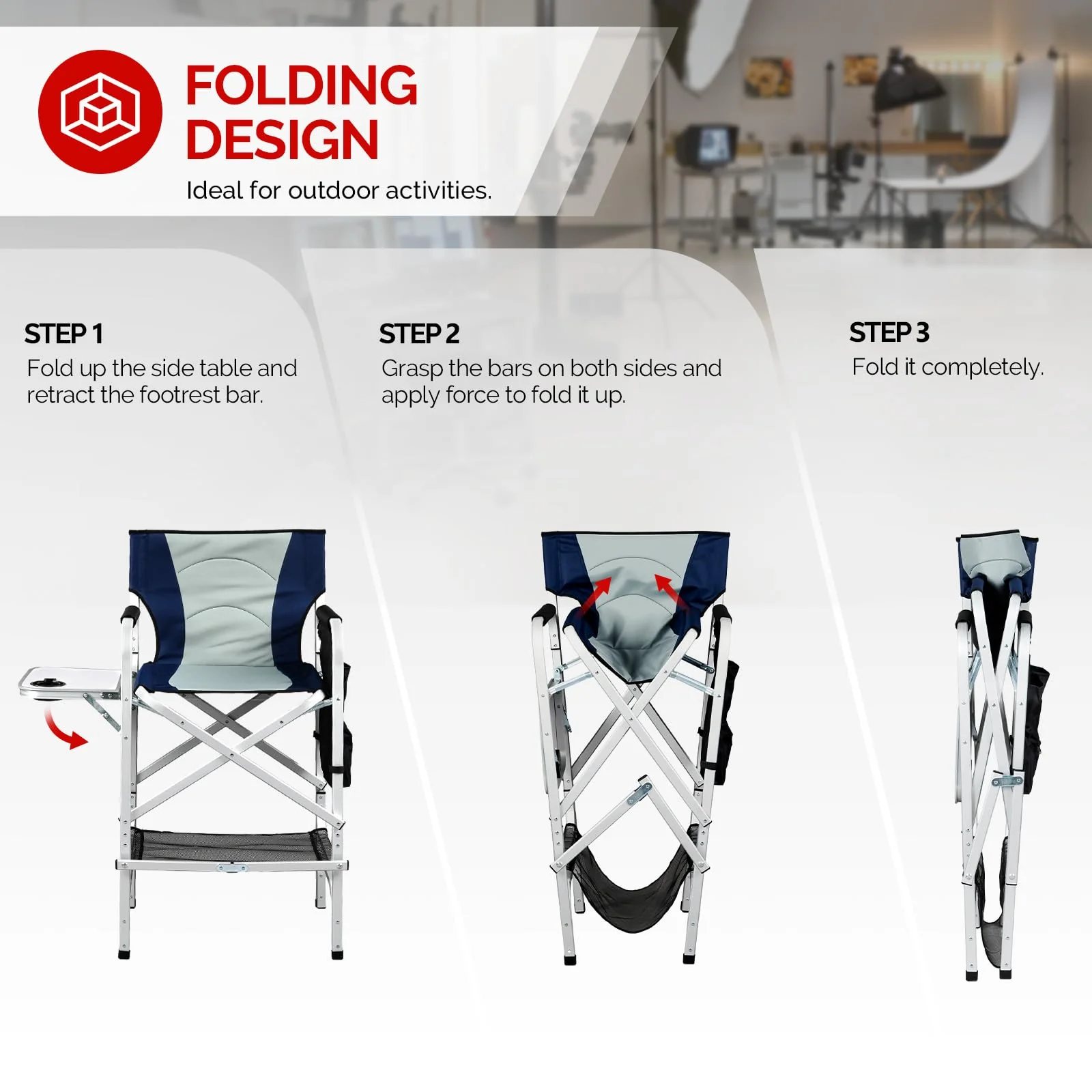 Omysalon 30in Portable Folding Director Chair with Collapsible Side Table - Image 4