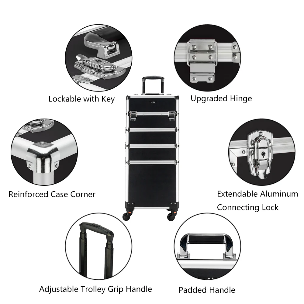 Omysalon MCA401 4-in-1 Aluminum Lockable Rolling Makeup Cosmetic Organizer Train Case - Image 11