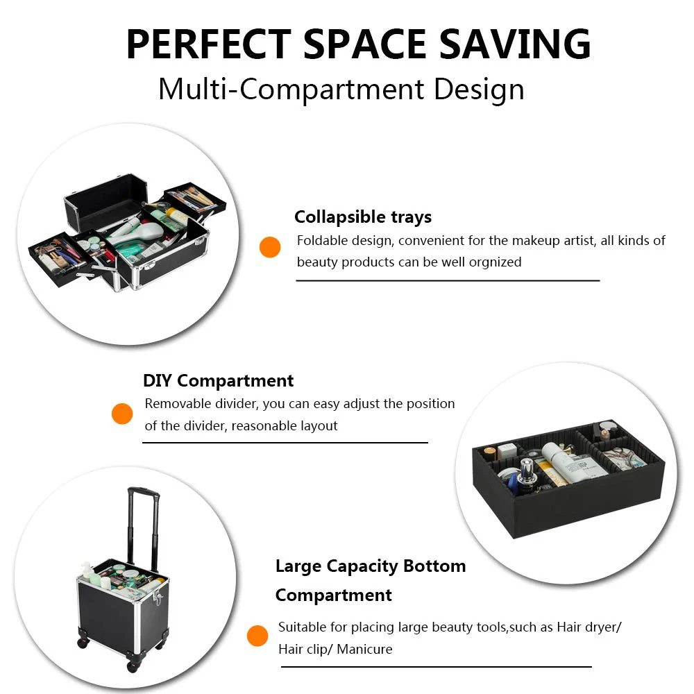 Omysalon MCA401 4-in-1 Aluminum Lockable Rolling Makeup Cosmetic Organizer Train Case - Image 12