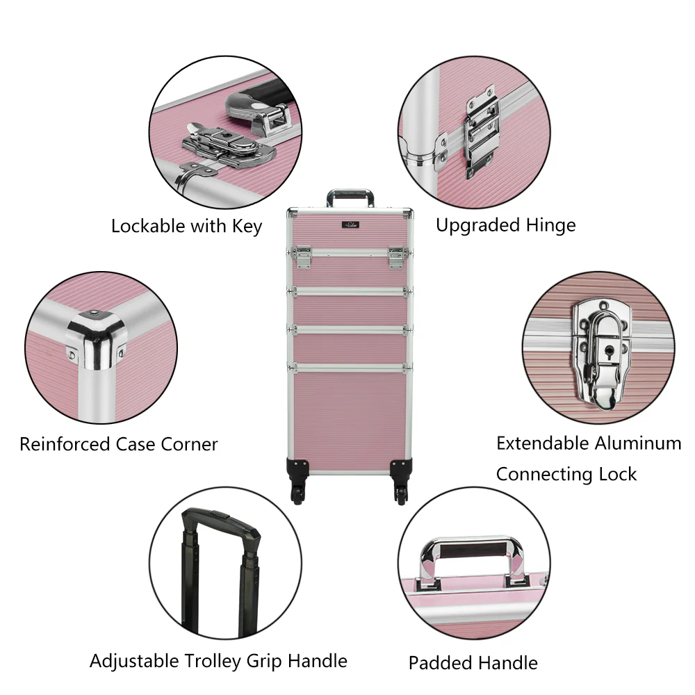 Omysalon MCA401 4-in-1 Aluminum Lockable Rolling Makeup Cosmetic Organizer Train Case - Image 4
