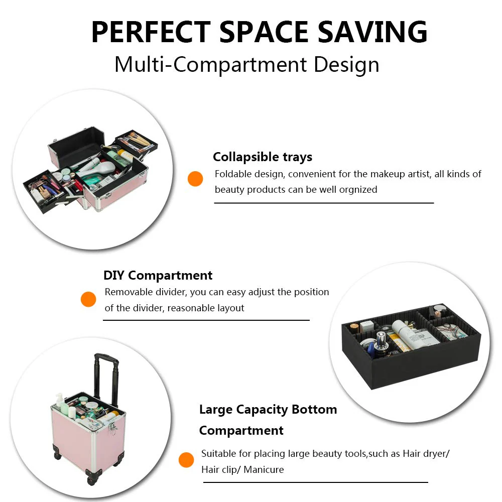 Omysalon MCA401 4-in-1 Aluminum Lockable Rolling Makeup Cosmetic Organizer Train Case - Image 5