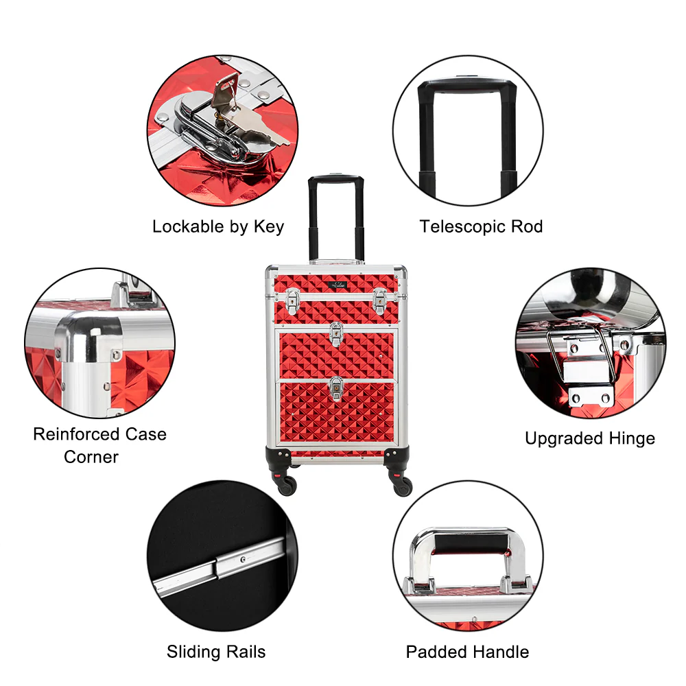 Omysalon SM7208 Aluminum Rolling Makeup Train Case with 2 Sliding Drawers & Diamond Textures - Image 11