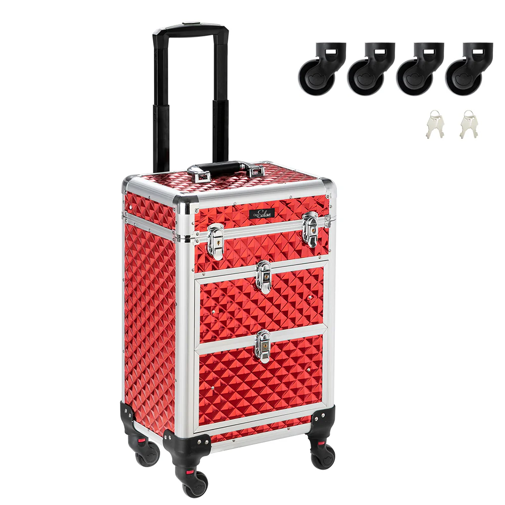 Omysalon SM7208 Aluminum Rolling Makeup Train Case with 2 Sliding Drawers & Diamond Textures - Image 12