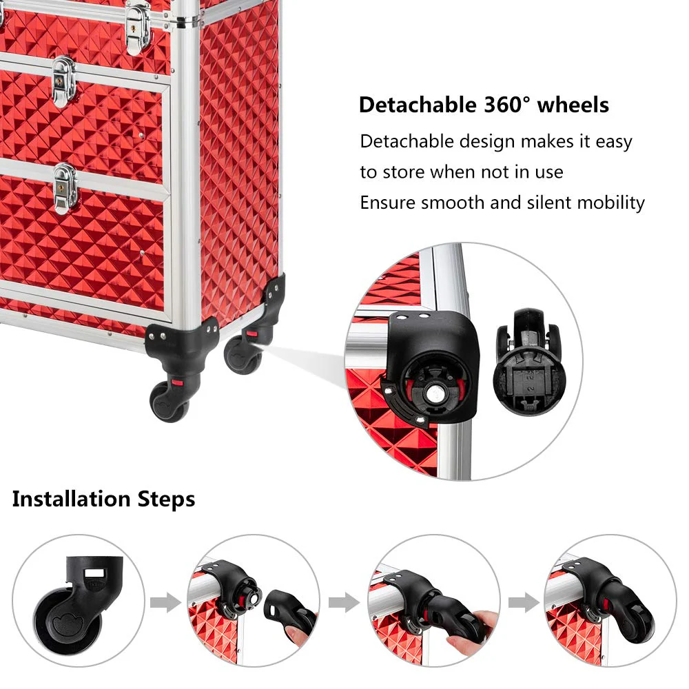 Omysalon SM7208 Aluminum Rolling Makeup Train Case with 2 Sliding Drawers & Diamond Textures - Image 13