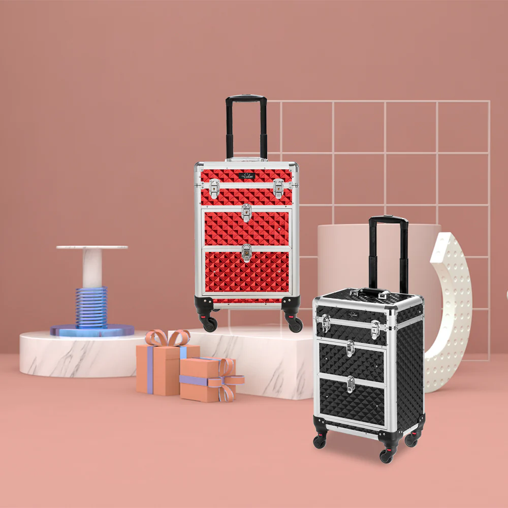Omysalon SM7208 Aluminum Rolling Makeup Train Case with 2 Sliding Drawers & Diamond Textures - Image 14