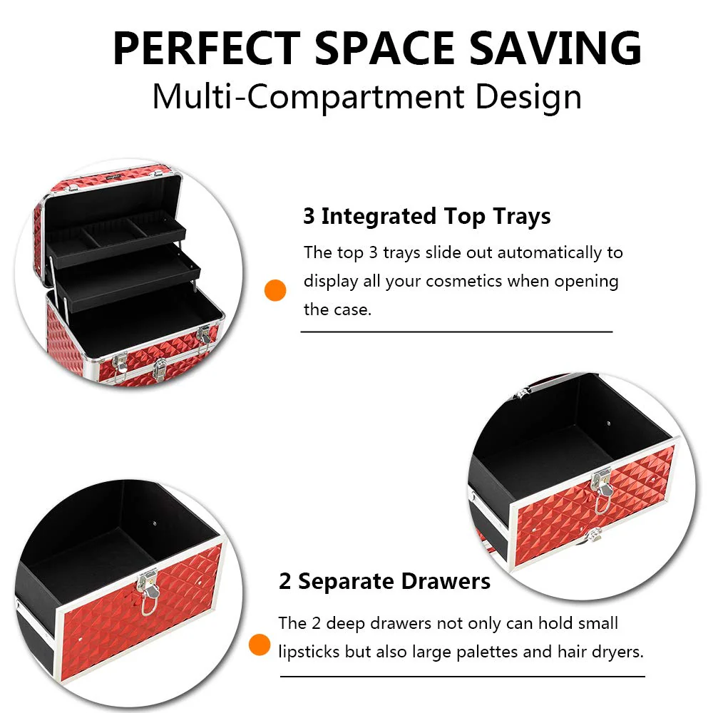 Omysalon SM7208 Aluminum Rolling Makeup Train Case with 2 Sliding Drawers & Diamond Textures - Image 15