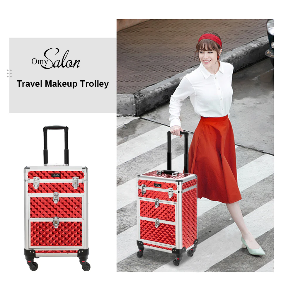 Omysalon SM7208 Aluminum Rolling Makeup Train Case with 2 Sliding Drawers & Diamond Textures - Image 16