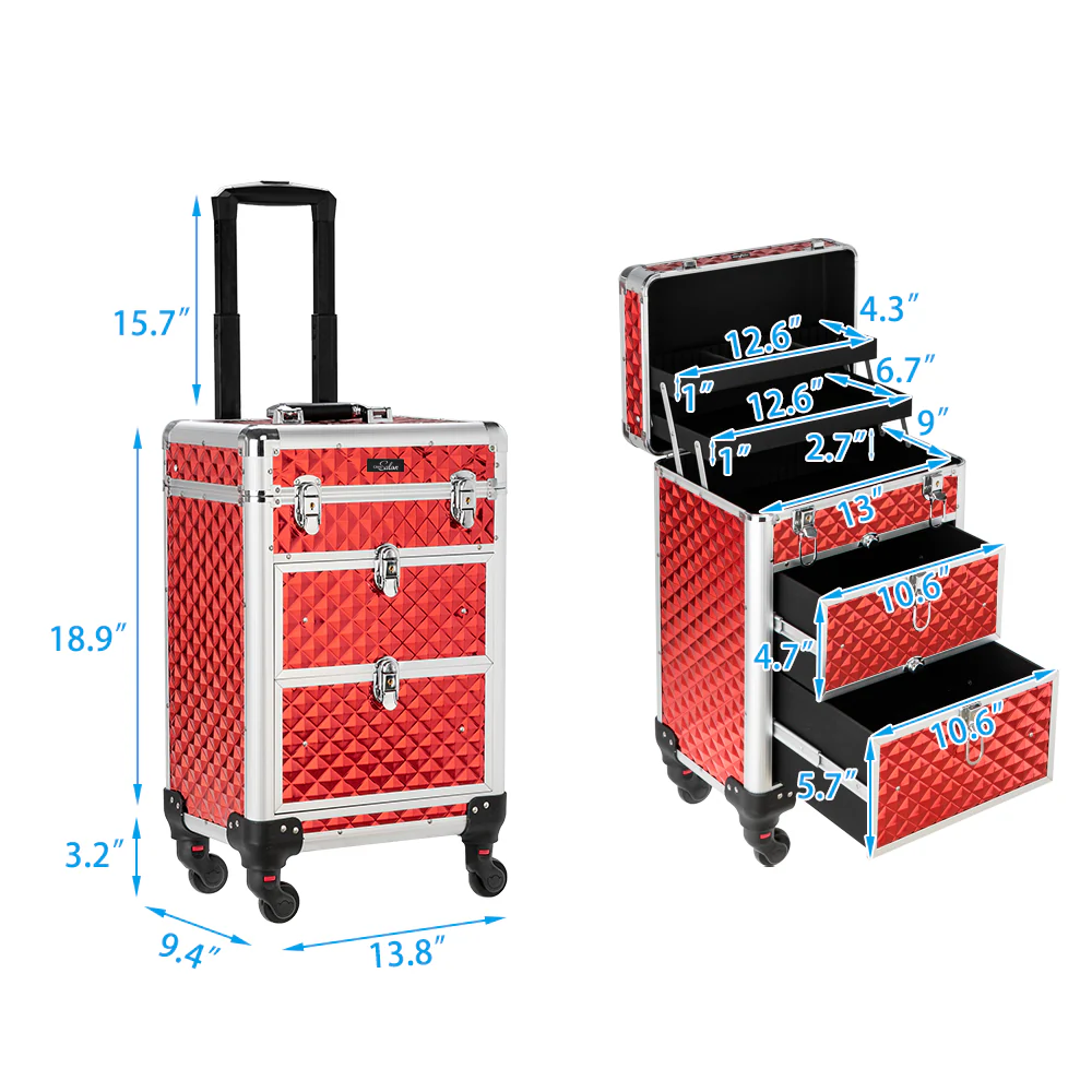 Omysalon SM7208 Aluminum Rolling Makeup Train Case with 2 Sliding Drawers & Diamond Textures - Image 17