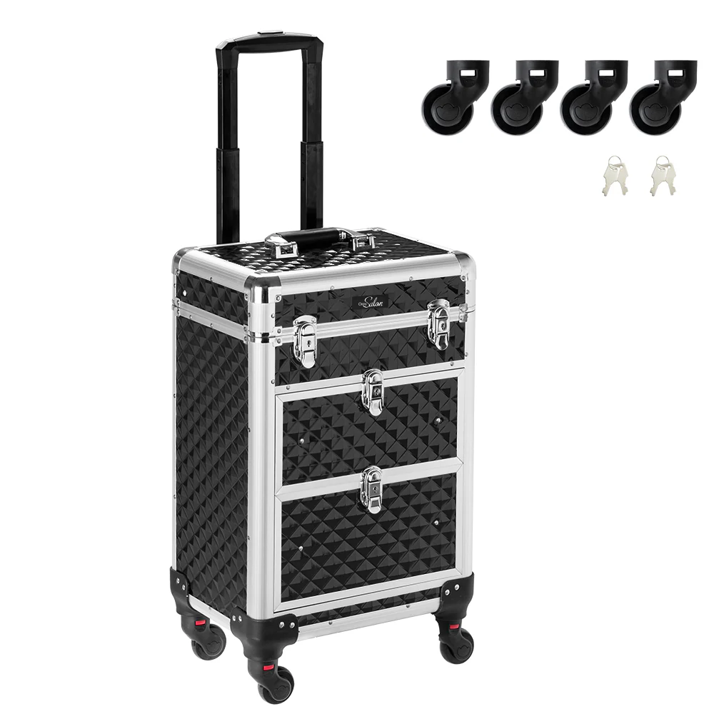 Omysalon SM7208 Aluminum Rolling Makeup Train Case with 2 Sliding Drawers & Diamond Textures - Image 5