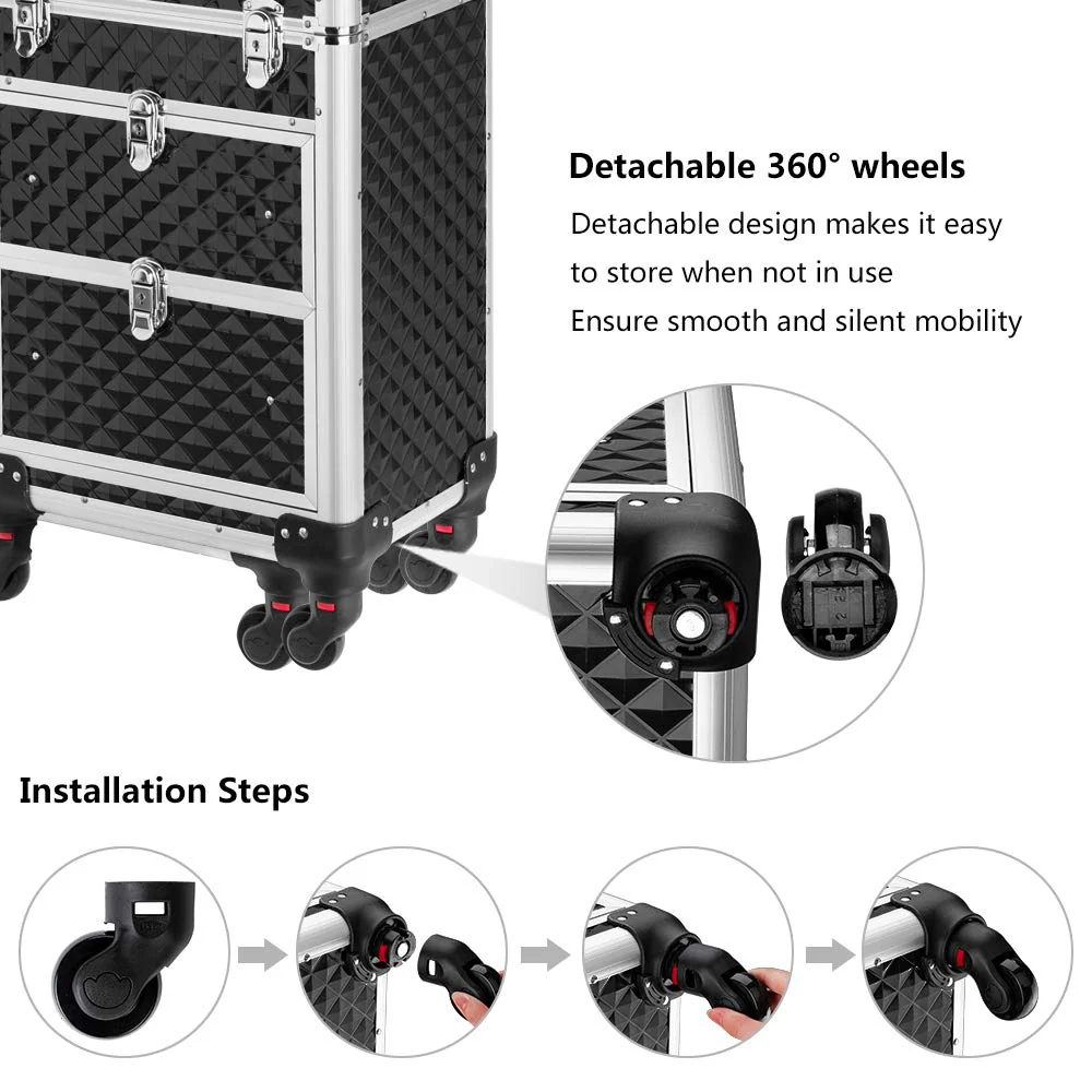 Omysalon SM7208 Aluminum Rolling Makeup Train Case with 2 Sliding Drawers & Diamond Textures - Image 6